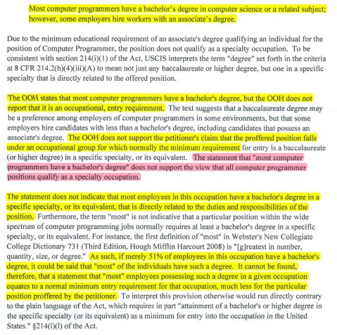 USCIS H-1B Argument: Most Computer Programmers doesn't mean All Computer programmers